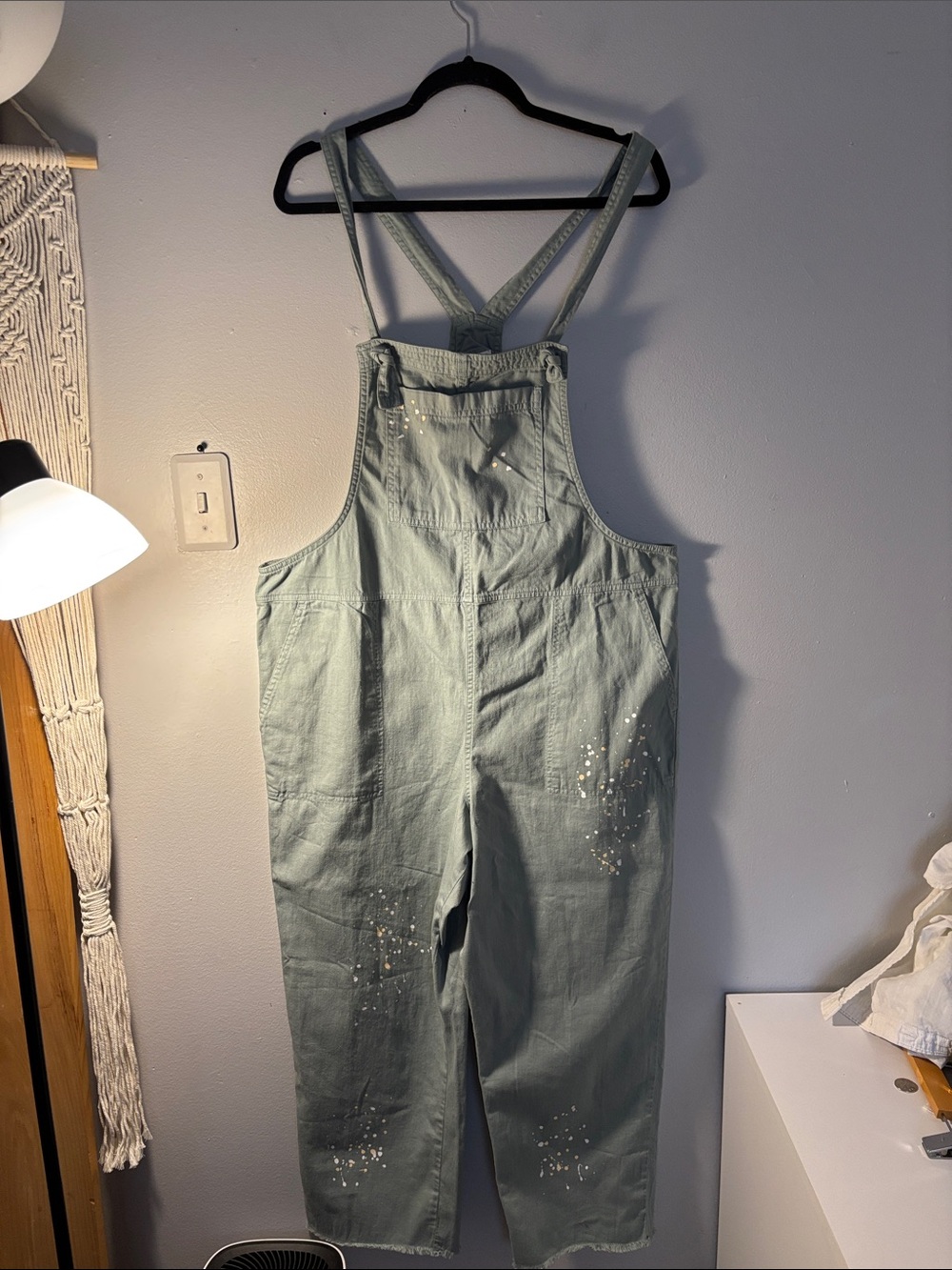 AERIE 100% cotton Werk & Play Sage Green Twill paint splatter Overalls LIKE NEW